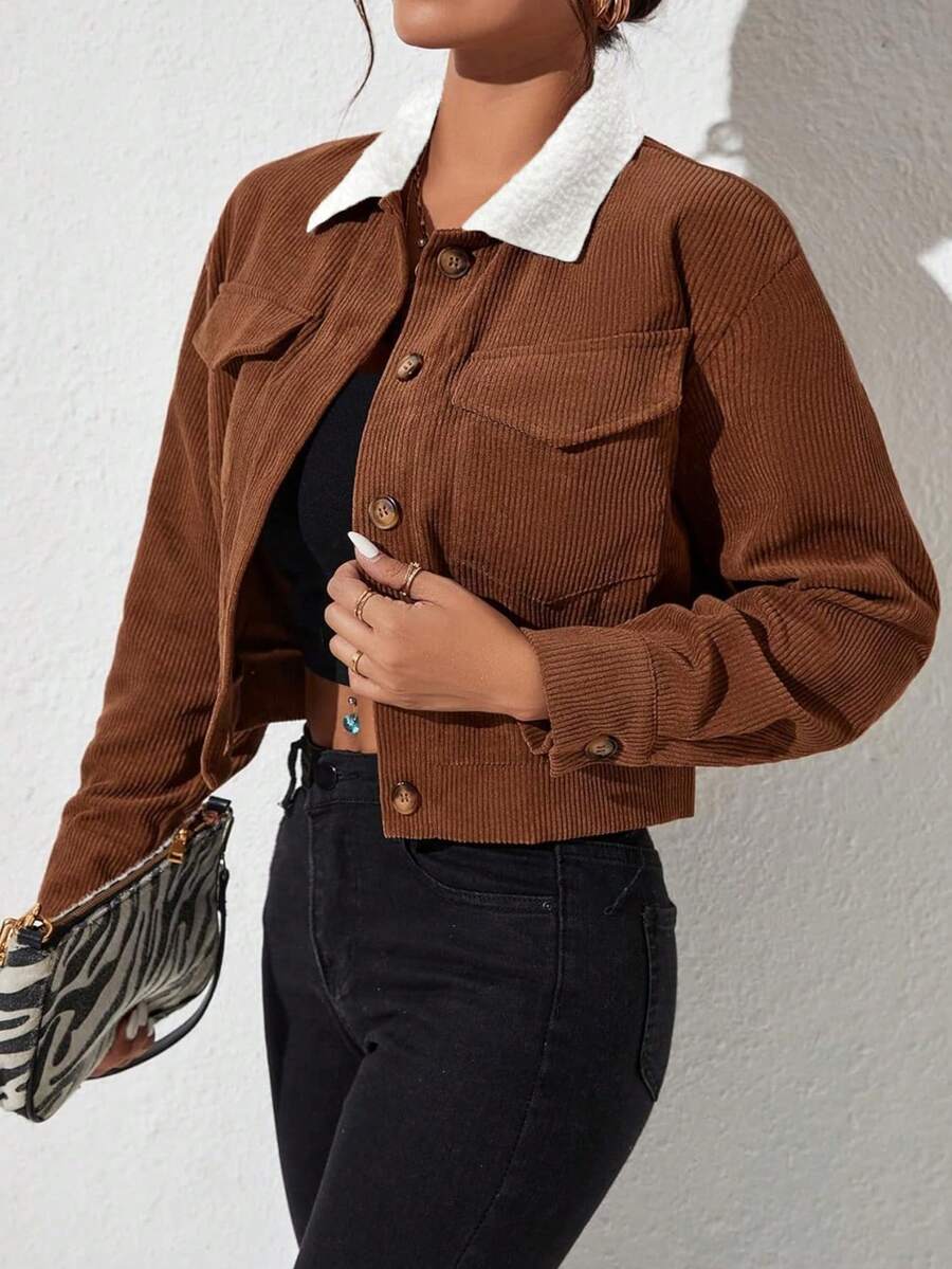 Caramel Color Corduroy Short Jacket, Contrast Color Collar Design, Fashionable Slimming Piece