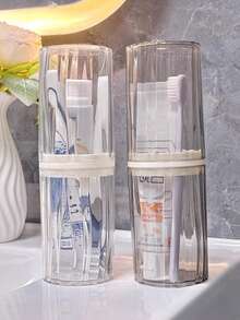 1件透明便携式浴室漱口杯，多功能牙刷、牙膏、梳子、口红、剃须刀收纳盒，高端防尘浴室储物罐，户外旅行洗漱用品收纳盒，校园宿舍刷牙工具收纳盒 - 彩色 - 查看 2