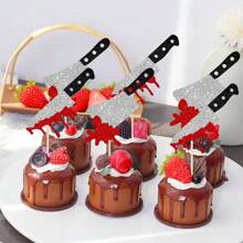 12pcs Halloween Cupcake Toppers Glitter Horror Blood Knife Cupcake Picks Have A Killer Birthday Cake Decorations For Halloween Blood Knife Theme Birthday Party Supplies