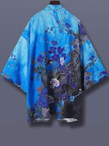 Japanese Style Floral Print Kimono Cardigan, Loose Fit Vintage Sakura Printed Spring/Summer Unisex Lightweight Jacket, Casual Streetwear, Beach, Travel, Festival, Party Costume - Blue - View 1
