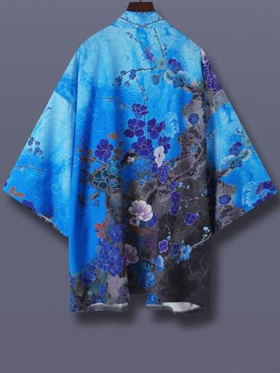 Japanese Style Floral Print Kimono Cardigan, Loose Fit Vintage Sakura Printed Spring/Summer Unisex Lightweight Jacket, Casual Streetwear, Beach, Travel, Festival, Party Costume