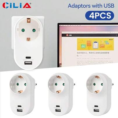 CILIA 2/4 Pcs 3-In-1 Wall Outlet Converter 3680W 250V With USB & Type-C ,F-Type Socket, CE Certified,Space-Saving For Home & Travel
