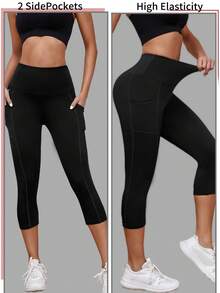 1pc Spring/Summer 7/8 Length Yoga Waist Tights With Side Pockets, Casual Sports Versatile Capri Pants