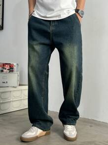 Jeans rectos holgados con lavado vintage para hombres, de moda y versátiles