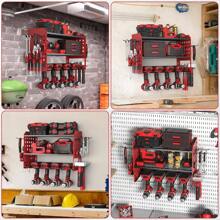 Power Tool Organizer, Drill Older  Mount With 2 Side Pegs With Ooks, 3 Layer Garage Organization Eavy Duty Tool Organizers Utility Rack For 4Drill Olders Red