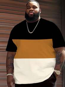 ملابس علوية تي شيرت رجالي صيفي بحجم كبير مع تصميم ألوان متباينة، ملابس علوية تي شيرت صيفي رياضي كاجوال مريح وصديق للبشرة، مناسب للشاطئ والعطلات، بأكمام قصيرة وياقة دائرية لرجال البدناء