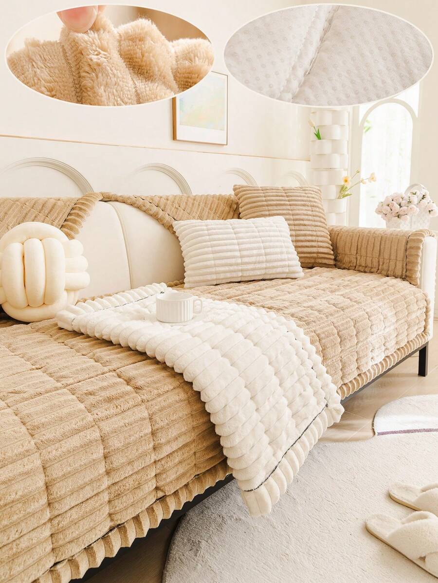 1 Pc Corduroy Plush Chair Cushion Seat Pad, Wooden Style, One-Piece Sofa Cushion, Anti-Skid, Pet Friendly