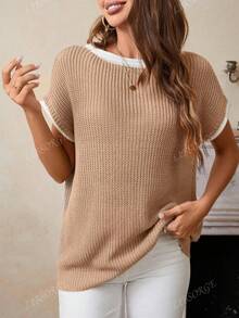 Áo len dệt kim tay cánh dơi màu khối cỡ lớn cho nữ, áo len cardigan chắp vá màu tương phản, áo ba lỗ không tay cho mùa hè và mùa xuân - Màu Khaki - Xem 8