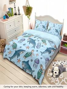 Conjunto de cama com estampa de tartaruga e tubarão marinho, 4 peças (1 capa de edredom + 2 fronhas + 1 lençol de cima), lavável, adequado para quarto, hotel, escola, apartamento