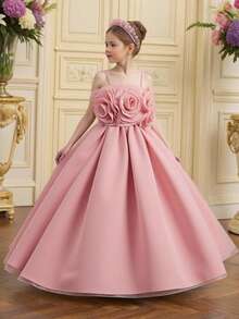 Tween Girls 3D Pink Floral Trailing Wedding Flower Girl Dress, Elegant Bridesmaid Pageant Party Gown For Birthday, Graduation, Prom - 粉色 - 查看 4