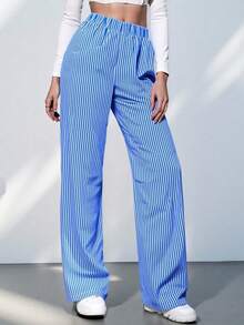 Pantalones anchos con cordón flojo de rayas para adolescentes - Azul - Ver 2