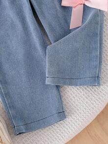 2 pièces/set Mode bébé fille rose mignon Débardeur à décoration de nœud papillon 3D à manches longues et pantalon en jean avec nœud papillon élastique à la taille, ensemble - Rose bonbon - Voir 6