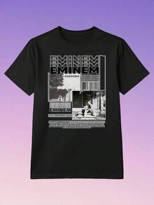 Camiseta de Mujer con Estampado Gráfico de  - Camiseta Casual de Manga Corta con Cuello Redondo Blanca con Letras Negritas y Diseño de Foto en Blanco y Negro, Lavable a Máquina, Top de Ropa de Calle para el Día a Día, Camisetas para Damas, Ropa para Fanáticos de la Música, Camiseta con Temática Musical, Camiseta de Ajuste Cómodo - Negro - Ver 1