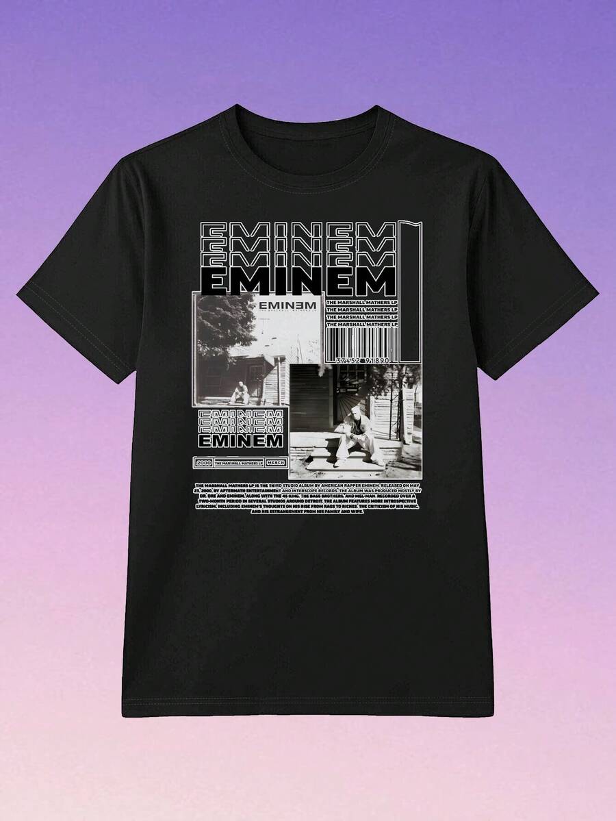 Camiseta de Mujer con Estampado Gráfico de  - Camiseta Casual de Manga Corta con Cuello Redondo Blanca con Letras Negritas y Diseño de Foto en Blanco y Negro, Lavable a Máquina, Top de Ropa de Calle para el Día a Día, Camisetas para Damas, Ropa para Fanáticos de la Música, Camiseta con Temática Musical, Camiseta de Ajuste Cómodo - Negro - Ver 1