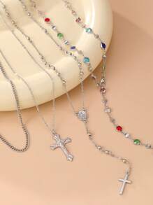 4pcs/Set Layered Summer Bohemian Cross & Virgin Mary Beaded Necklace, Suitable For Vacation, Prayer, Baptism Wearing