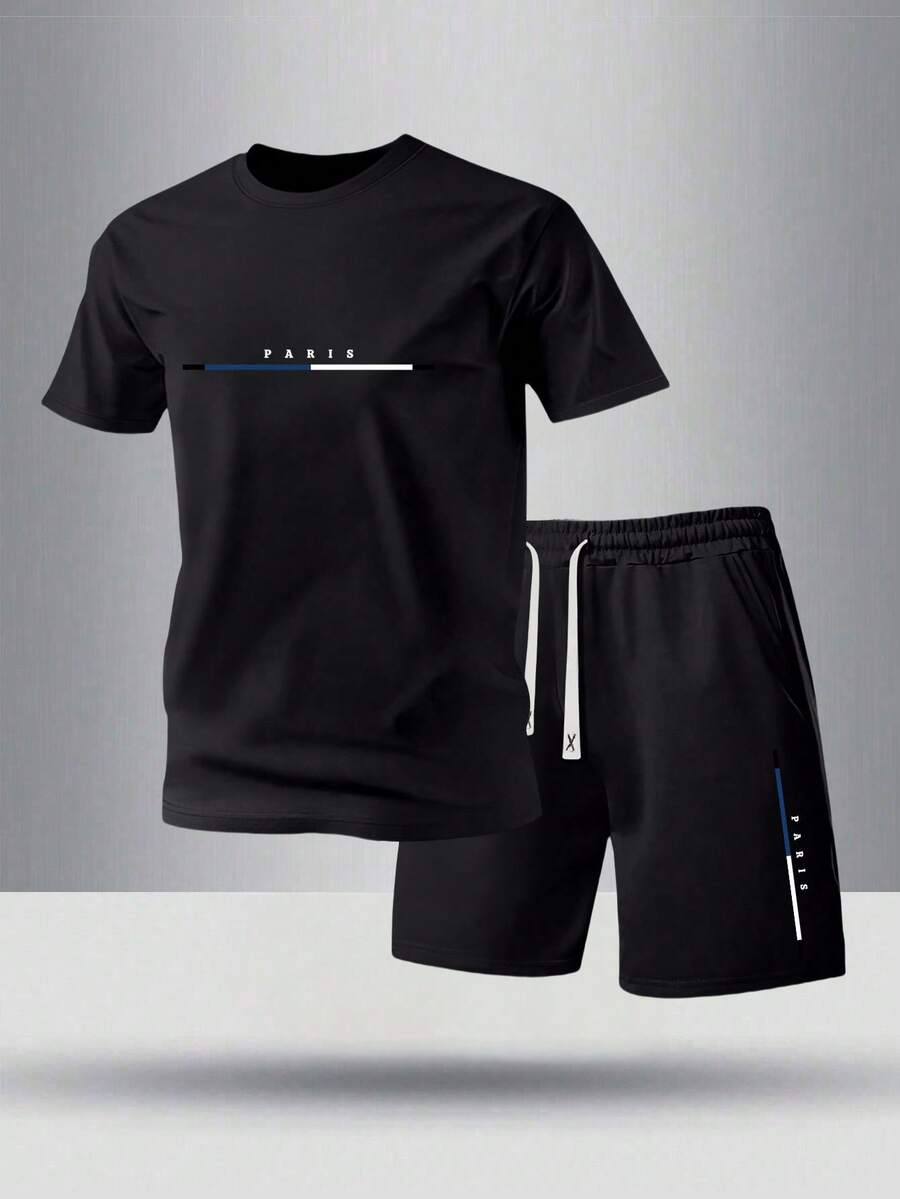 男士夏季印花短袖 T 恤和短裤套装，时尚休闲沙滩度假钓鱼篮球露营健身户外上衣带口袋，松紧腰抽绳裤，两件套服装，送给男朋友/丈夫的礼物