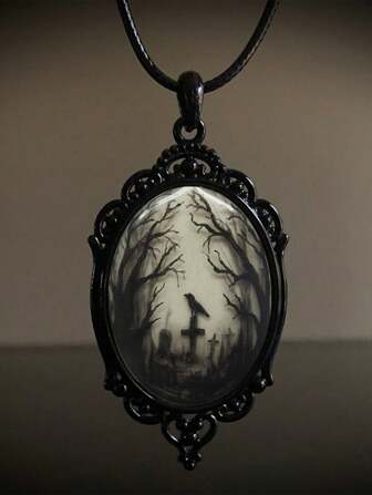 1pc Gothic Style Raven Cross Glass Pendant Necklace, Halloween
