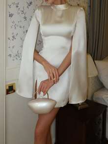 Đầm ngắn tay xẻ tà gợi cảm độc đáo dành cho nữ, màu trơn, chất liệu vải dệt thanh lịch, màu trắng, thích hợp cho mùa xuân. - trắng - Xem 5