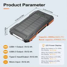太阳能移动电源，10000mAh 便携式充电器，内置手摇曲柄，2.4A USB-C 快速充电，3 个输出和 3 个输入，SOS/频闪/手电筒/指南针，适用于手机/露营/徒步旅行/旅行，适合夏季假期户外旅行/露营和紧急备用移动电源 - 藍色 - 查看 9