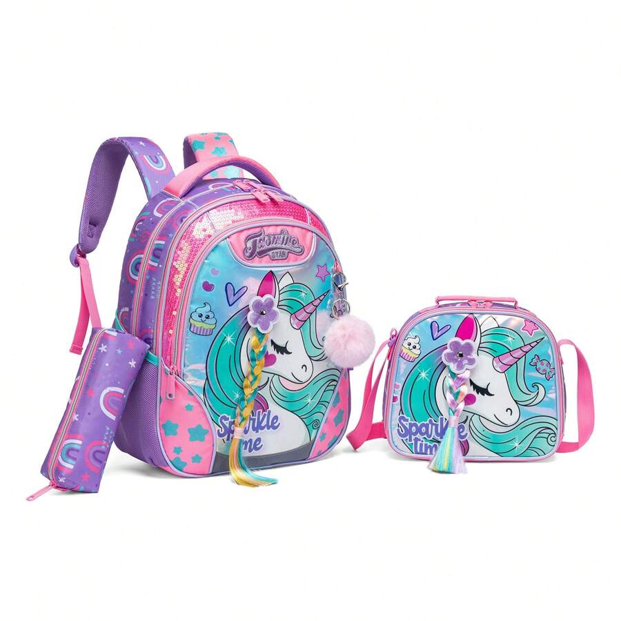 3 件套女童背包儿童学校背包带午餐袋适合小学学龄前学生可爱旅行背包 3 合 1 书包套装适合女孩返校