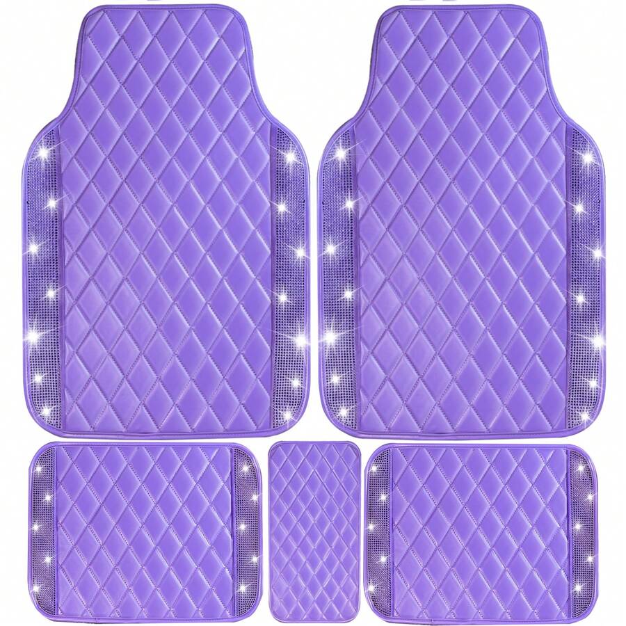 5 Pcs Bling Leather Car Mats Shining Artificial Diamond Floor Mats Crystal Rhinestone Sparkly Glitter Carpet Anti-Slip Waterproof Pad Universal Fit For Automotive SUV, Sedan, Van, Girl Women - Đá giả da màu tím - Xem 1
