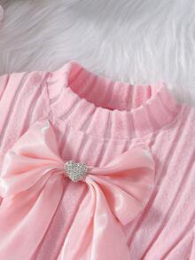 2pcs Set Jumper Sweater & Skirt, 3D Bowknot & Grid Mesh Skirt, Elegant & Comfortable - Pink - View 2