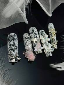 10片白色蕾絲印花美甲貼紙，性感浪漫風，附3D金屬蝴蝶、星星與蝴蝶結裝飾，3D彩色蝴蝶與玫瑰配件，特長款透明美甲貼，DIY美甲用品，手工穿戴式假指甲 - 白色 - 查看 6