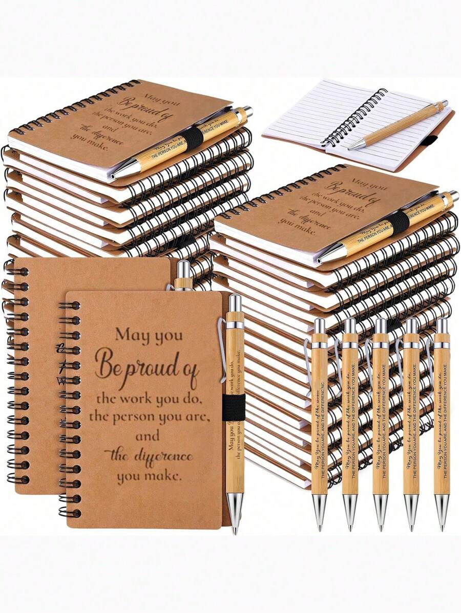 2pcs/Set, 6sets/12pcs, 10sets/20pcs Employee Appreciation Gift Set - Includes Motivational Bamboo Ballpoint Pen And Spiral Notebook, Appreciation Notebook Mini Spiral Inspiration Notebook Wholesale Thank You Gifts For Volunteers, Teachers, Nurses, Team Building, Birthday, Retirement, Holiday Office (20pcs/12pcs/2pcs)