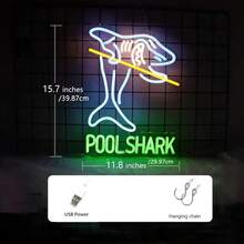 Polished Metal Finish Neon Sign - Pool Shark Billiards Game Room Wall Decor, USB Powered, Switch Controlled, Plastic, Azure & Green Light For Pub, Club, Garage – Multipurpose Hanging Neon Bar Light