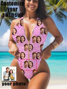 1pc Customized Women's Swimsuit, Face Customized, Couple Customized, Women's Zipper Strap Backless Swimsuit, Pink High Waist Sleeveless Swimwear, Sexy, Girly, Suitable For Swimming Pool, Beach, Holiday, Girls - Pink - View 2