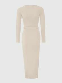 女士优雅休闲连衣裙，全新设计，纯色简约复古风，精致前襟纽扣V领，腰间系带，柔软舒适，适合派对、感恩节、日常办公、新年等场合。 - 杏色 - 查看 2