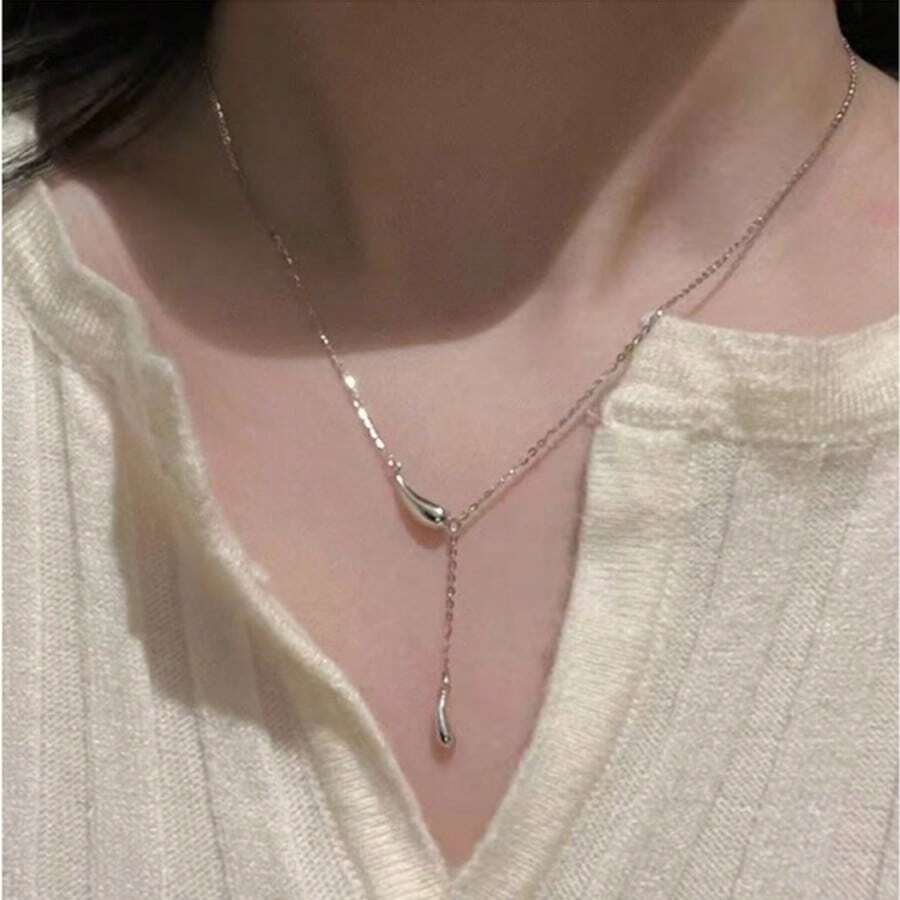1pc Women Stainless Steel Water Drop Bead Lucky Charm Necklace