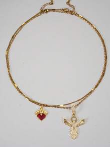 2pcs Fashionable Personalized Angelic Red Heart Multilayer Pendant Necklace, Gift For Women