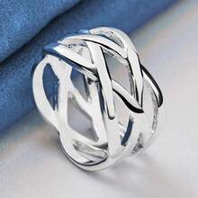 925 纯银镀层时尚简约交织戒指，适合女士男士婚礼订婚戒指，美国尺寸 5-10，波西米亚复古风格配饰精美珠宝