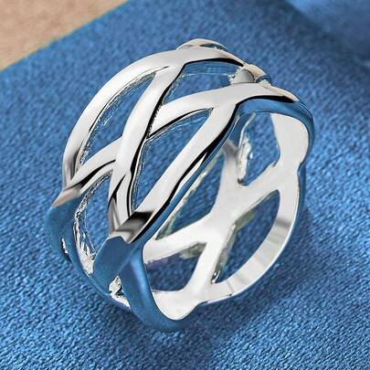 925 Sterling Silver Plated Fashion Simple Interwoven Weave Ring For Women Man Wedding Engagement Band 5-10 US Size, Bohemian Vintage Style Accessories Fine Jewelry