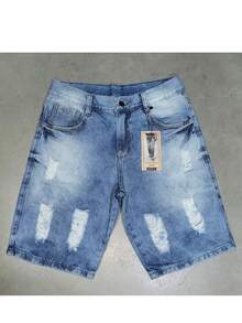 Men's Ripped Non-Stretch Shorts - Light Wash - View 1