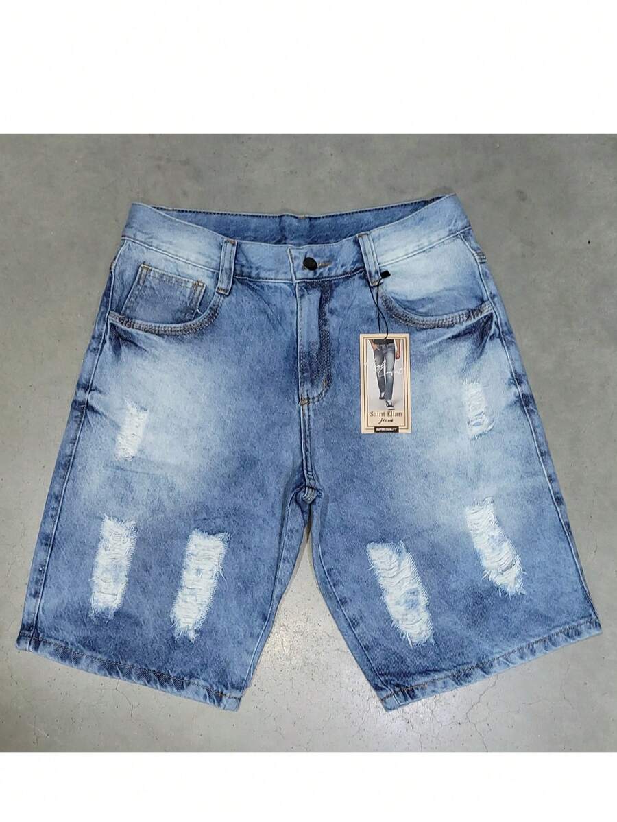 Men's Ripped Non-Stretch Shorts - Light Wash - View 1