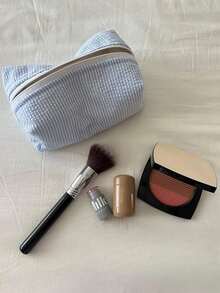 Striped Pattern Fluffy Soft Women's Cosmetic Bag, Zipper Travel Makeup Bag, Cute Plaid Toiletry Bag, Back To School Supplies - Màu xanh lam - Xem 5