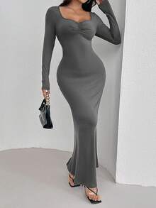 Women's Spring Summer Solid Color Sweetheart Neck Long Sleeves Ruched Fishtail Hem Long Elegant Dress - Dark Grey - View 5