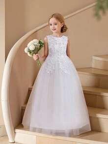 Girls' Lace Princess Dress, Suitable For Wedding, Prom, Beauty Pageant, Evening Party, Graduation, Summer - White - View 4