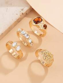 Set de 6 piezas de anillos de lujo con diamantes de imitación, anillos abstractos de metal dorado vintage asimétricos, adecuados para uso diario, vacaciones y decoración de joyas para fiestas de mujeres - Amarillo Oro - Ver 9