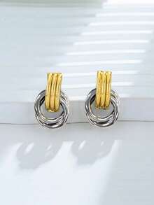 2pcs 18K Gold Plated Stainless Steel Colorblock Knot Design Chunky Jewelry Bohemian Style Hoop Earrings For Women - Two-tone Gold - View 7