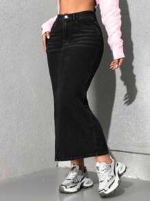 女式修身中长款无弹力牛仔裙，开叉下摆细节和口袋设计，休闲中长款牛仔裙，适合春、夏、秋、冬