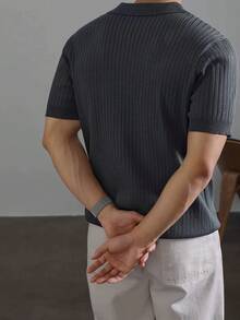 GRDR 男士夏季纯色 Polo 领短袖针织衫，适合夏季外出穿着，时尚造型必备单品 - 深灰色 - 查看 3