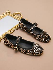 加大码 EU35-43 时尚亮片方头平底鞋，一脚蹬休闲装，适合搭配连衣裙，随机图案设计，春秋季 - 棕色亮片 - 查看 8