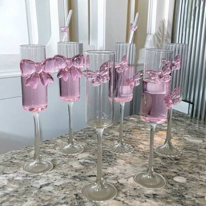 1 Pack Champagne Glasses With 3D Butterfly Wine Glasses, Pink Butterfly Wine, Cocktail, Glassware. Suitable For Home Bar Wedding Bridal Shower Bachelorette Party