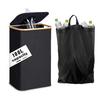 Opvouwbare flessenverzamelaar voor binnen van 600D Oxford nylon, geuronderdrukkende recyclingbak, 100 liter inhoud, scheurvast en wasbaar, kan ongeveer 35 flessen verzamelen, ideaal voor thuisgebruik, flessenverzamelaar met mondontwerp