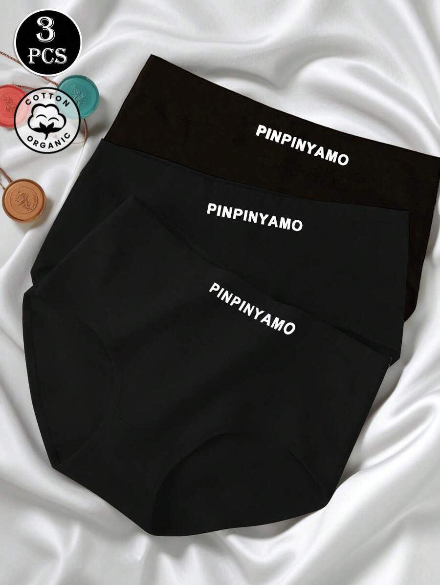 3pcs Women's Underwear, Comfortable Breathable Letter & Solid Color Brief Panties, Slimming & Lifting