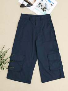 全新女式休闲纯色口袋短工装裤 - 深色水洗藍 - 查看 4