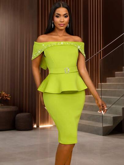 AOMEI 露肩串珠荷叶边派对礼服，适合婚礼、约会、派对、婚纱、伴娘服、毕业礼服、婚礼宾客秋季女装、返校